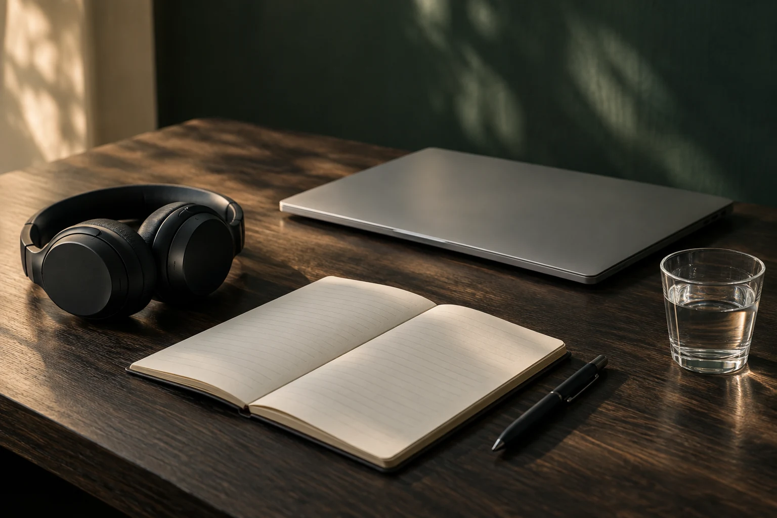Headphones, an open notebook, and a laptop on a quiet study desk